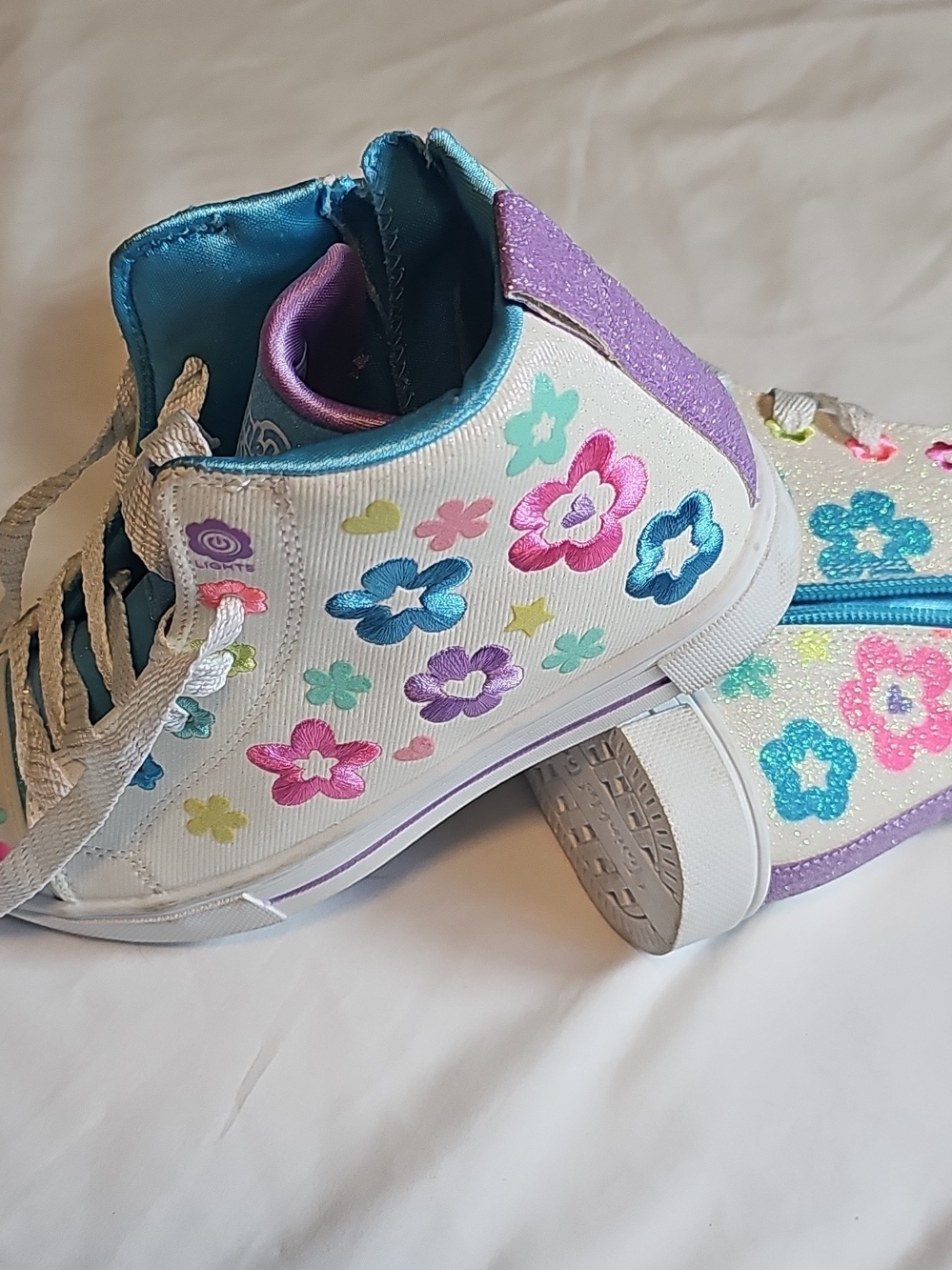Girls' Floral High-Top Sneakers in White with Pink, Blue & Purple Accents
